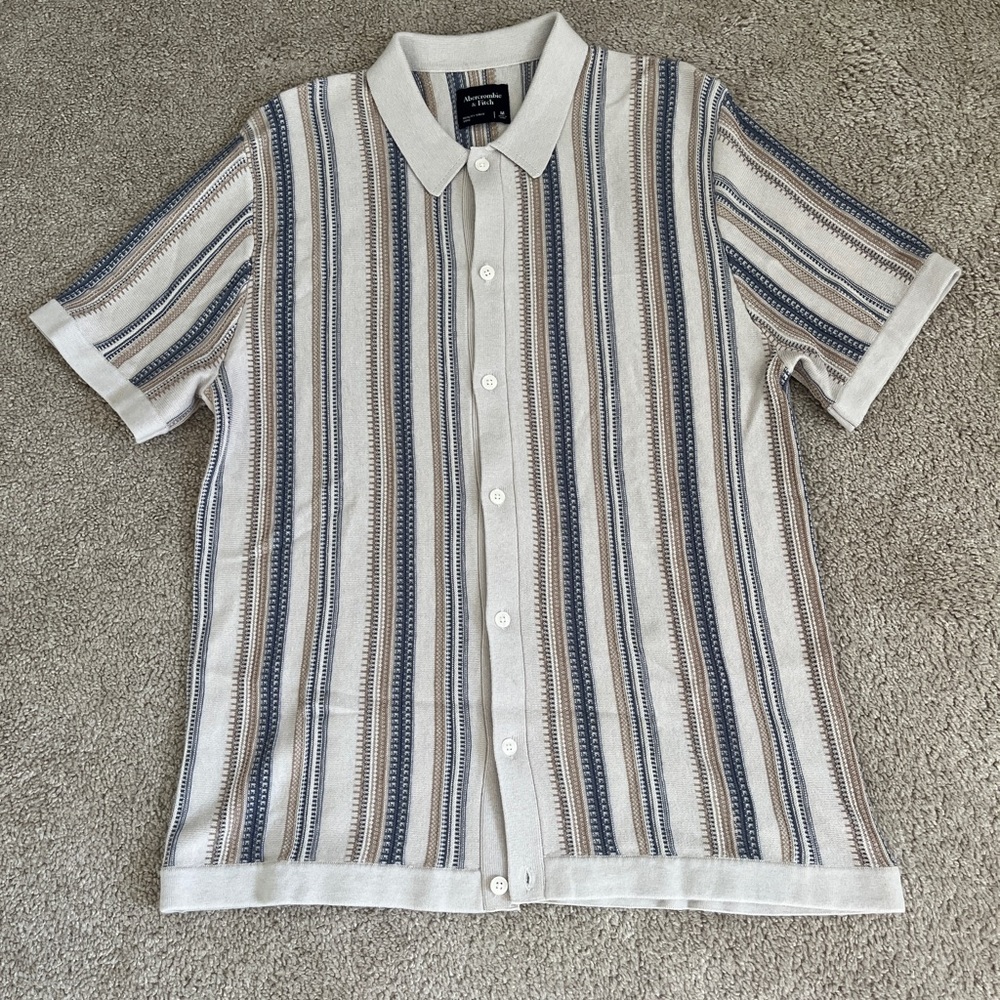 Abercrombie & Fitch Beige and Blue Striped Button Through Polo Sweater